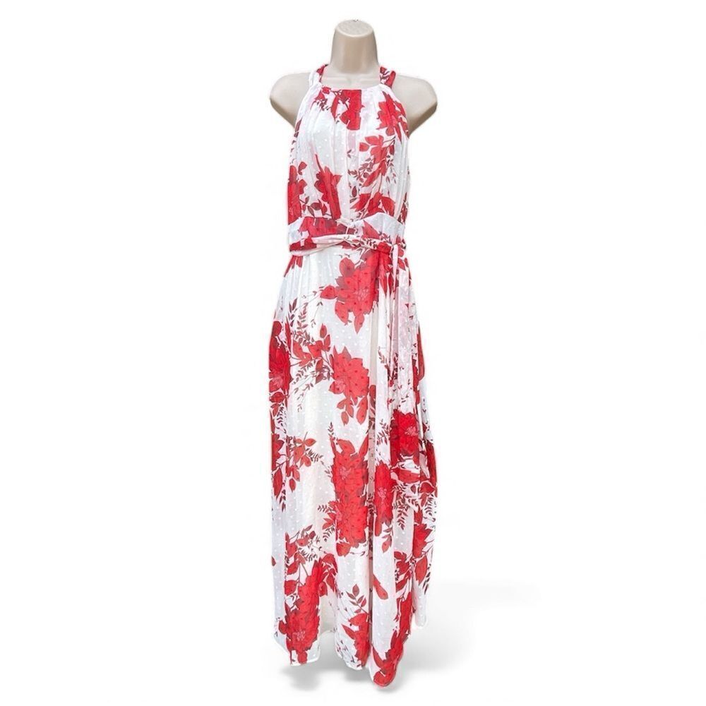 NY Collection Red and White Floral Dress Medium zipper Tie back tie waistband